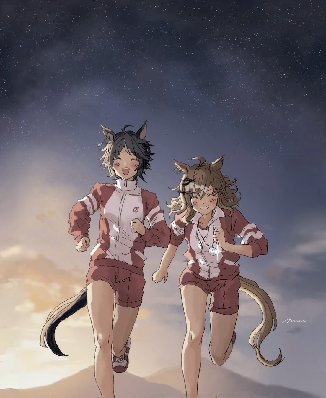 2girls, ahoge, animal_ears, black_hair, brown_hair, ear_ornament, earrings, fuji_kiseki_(umamusume)