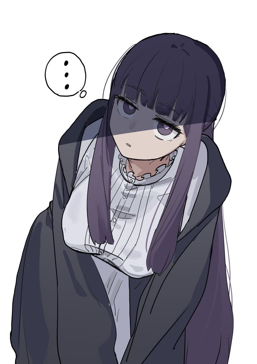 ..., 1girl, absurdres, black_robe, blunt_bangs, dress, fern_(sousou_no_frieren), highres, long_hair, looking_up, masshutake, open_mouth, purple_hair, robe, solo, sousou_no_frieren, staff, standing, violet_eyes, white_background, white_dress