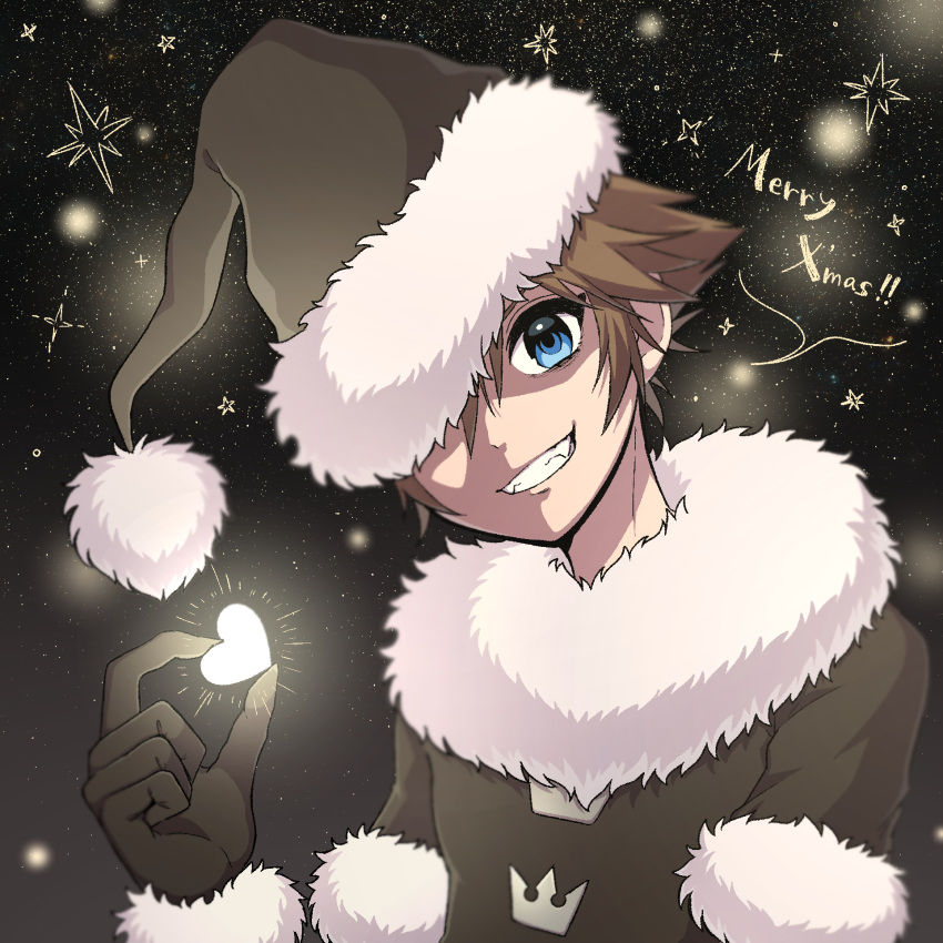 1boy, black_coat, black_gloves, black_hat, black_sky, blue_sky, brown_hair, coat, fangs, fur-trimmed_coat, fur-trimmed_headwear, fur_trim, gloves, hat, hat_over_one_eye, head_tilt, heart, highres, holding, holding_heart, kingdom_hearts, kingdom_hearts_ii, looking_at_viewer, male_focus, merry_christmas, santa_hat, short_hair, sky, solo, sora_(christmas_town)_(kingdom_hearts), sora_(kingdom_hearts), spiky_hair, star_(sky), upper_body, user_kenc3232