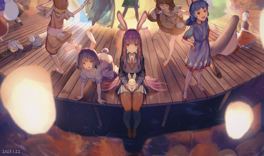 6+girls, absurdres, animal_ears, animal_on_lap, beret, blonde_hair, blue_hair, brown_hair
