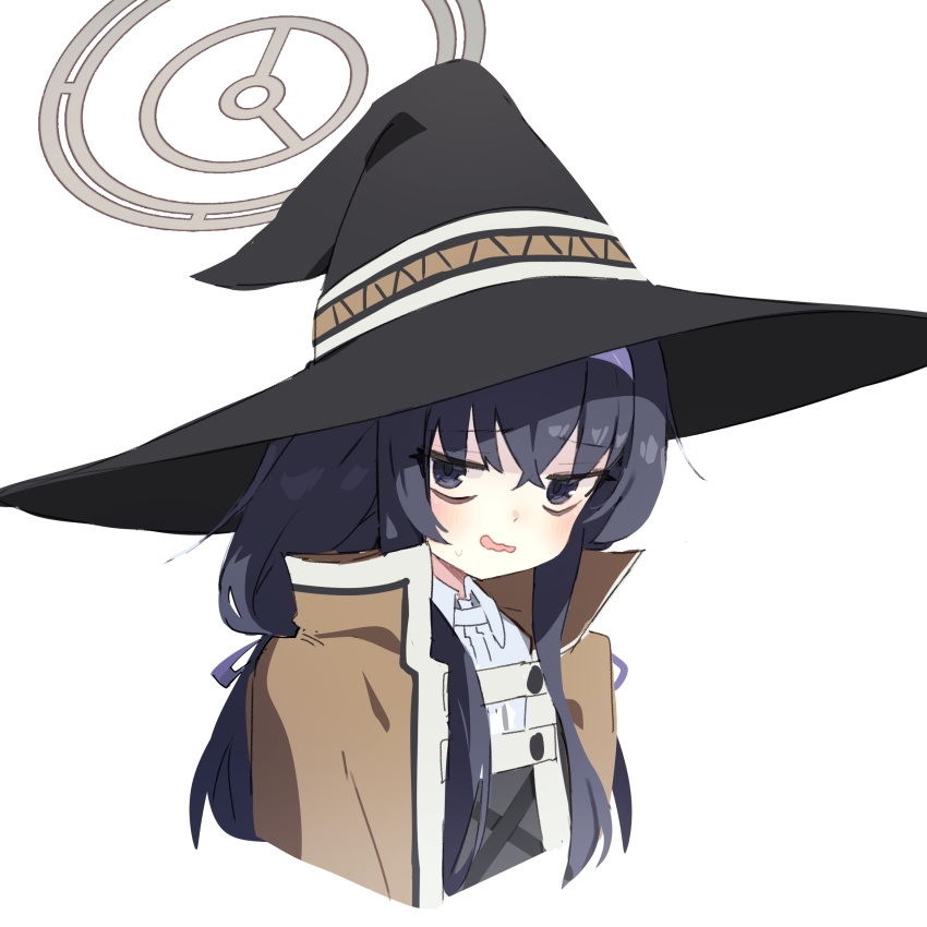 1girl, bags_under_eyes, black_eyes, black_hair, black_hat, blue_archive, blush, brown_robe