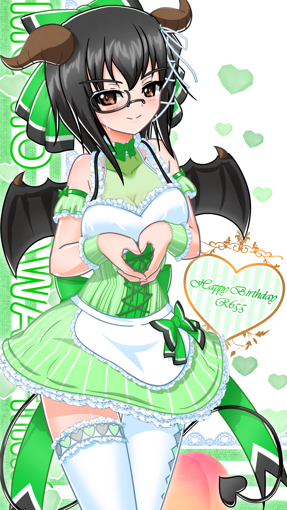 1girl, backboob, birthday, black-framed_eyewear, black_eyes, black_hair, bob_cut, bow, bowtie, breasts, brown_eyes, character_name, closed_mouth, clothing_cutout, commentary, cowboy_shot, cursive, demon_horns, demon_tail, demon_wings, dress, dress_bow, earlobe1514366, english_commentary, food, frilled_dress, frills, fruit, girls_und_panzer, green_bow, green_bowtie, green_dress, green_theme, hair_bow, happy_birthday, heart, heart_hands, highres, horns, kawashima_momo, looking_at_viewer, monocle, peach, semi-rimless_eyewear, short_dress, short_hair, short_sleeves, shoulder_cutout, smile, solo, standing, sweatdrop, tail, text_background, thigh-highs, under-rim_eyewear, white_thighhighs, wings