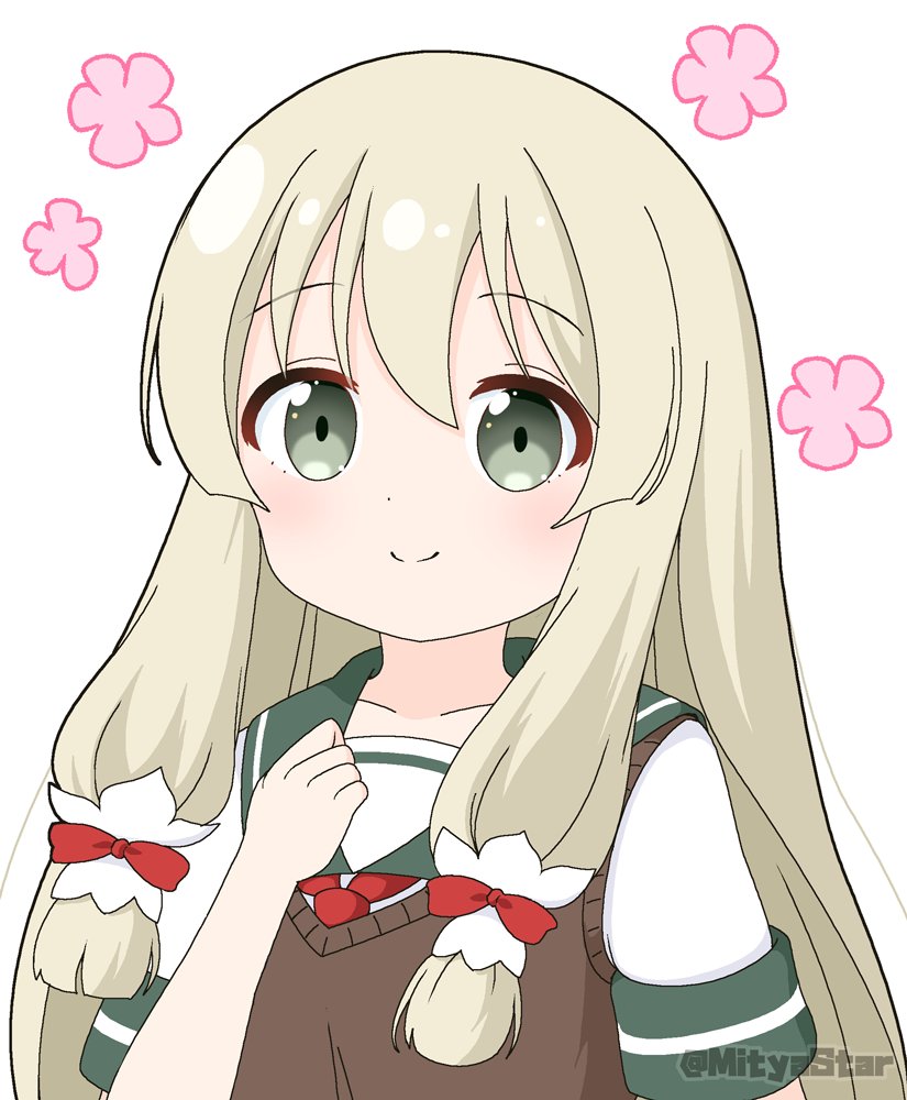 1girl, blush, bow, brown_hair, closed_mouth, commentary_request, floral_background, green_sailor_collar