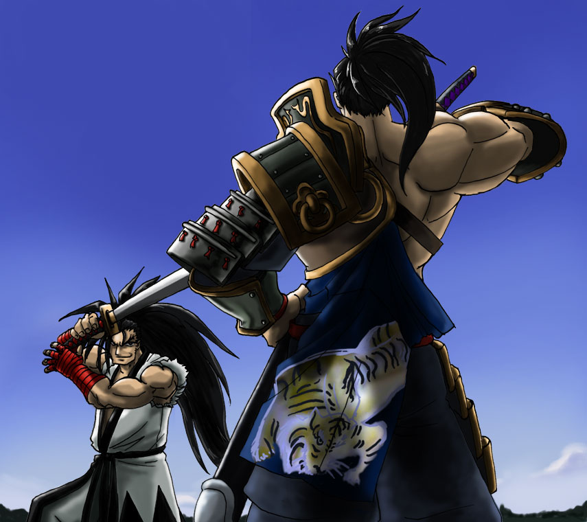2boys, armor, back, bandages, black_hair, crossover, epic, from_behind