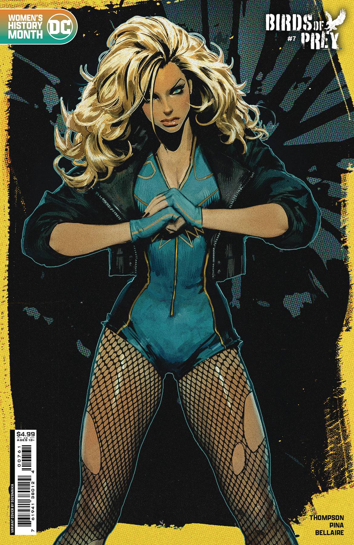 1girl, birds_of_prey, black_canary, blonde_hair, blue_eyes, comic_cover, copyright_name, cracking_knuckles