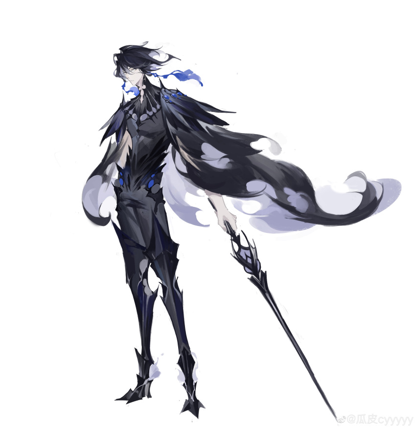 1boy, absurdres, armor, armored_boots, artist_name, black_cape, black_footwear, black_hair, black_pants, black_shirt, blue_ribbon, boots, breasts, cape, chinese_commentary, commentary_request, cyyyyy, expressionless, full_body, hair_ribbon, highres, holding, holding_sword, holding_weapon, male_focus, mantle, medium_breasts, original, pale_skin, pants, parted_lips, rapier, ribbon, shirt, shoulder_armor, solo, standing, sword, weapon, white_background