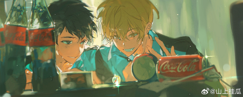 2boys, absurdres, arms_on_table, black_eyes, black_hair, blonde_hair, blue_shirt, box, can, character_request, chinese_commentary, coca-cola, collared_shirt, commentary_request, copyright_request, curtains, day, drink_can, fingernails, gleam, grin, hair_between_eyes, happy, highres, indoors, light_particles, long_sleeves, male_focus, marble_(toy), multiple_boys, paper, shanshang_guagua, shirt, short_hair, smile, soda, soda_bottle, soda_can, sparkle, sweat, upper_body, weibo_watermark, yellow_eyes