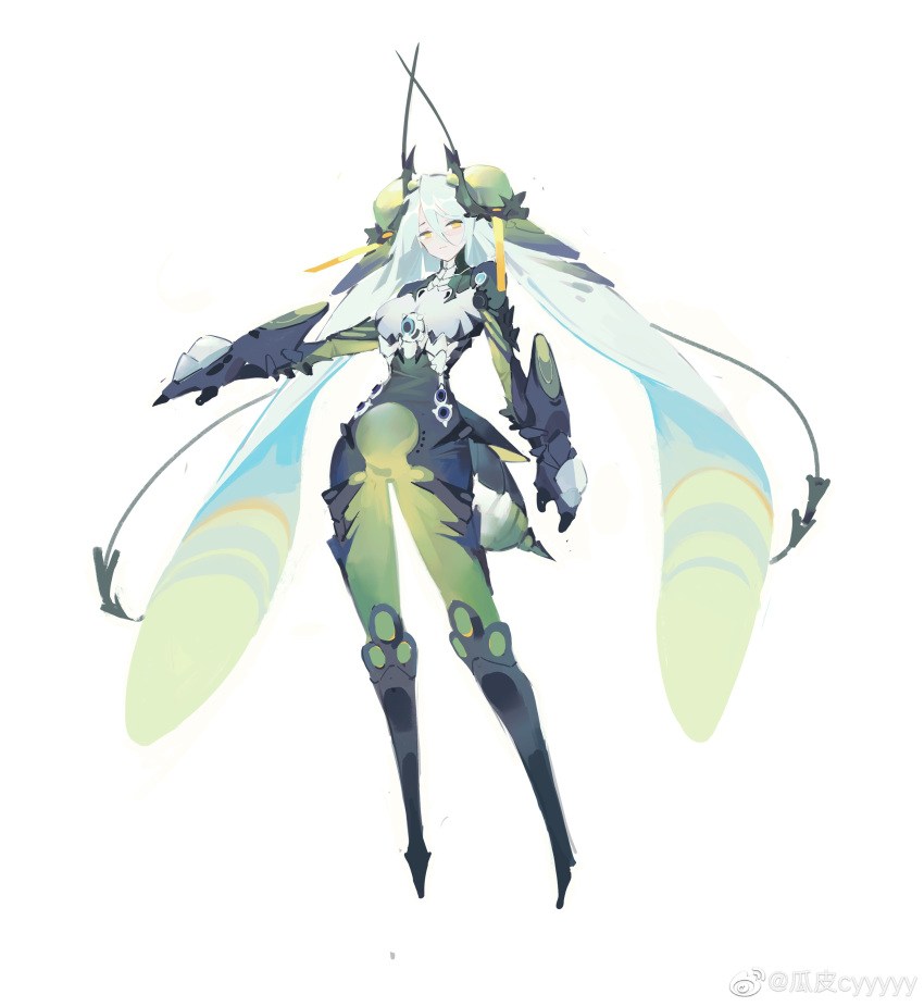 1girl, abdomen_tail, absurdres, aqua_hair, armor, arthropod_girl, artist_name, black_bodysuit, black_footwear, bodysuit, breastplate, chinese_commentary, commentary_request, cyyyyy, floating, frown, full_body, gauntlets, green_pants, hair_ornament, highres, long_hair, long_sleeves, looking_at_viewer, multicolored_hair, no_pupils, original, pale_skin, pants, science_fiction, simple_background, solo, stinger, white_background, yellow_eyes