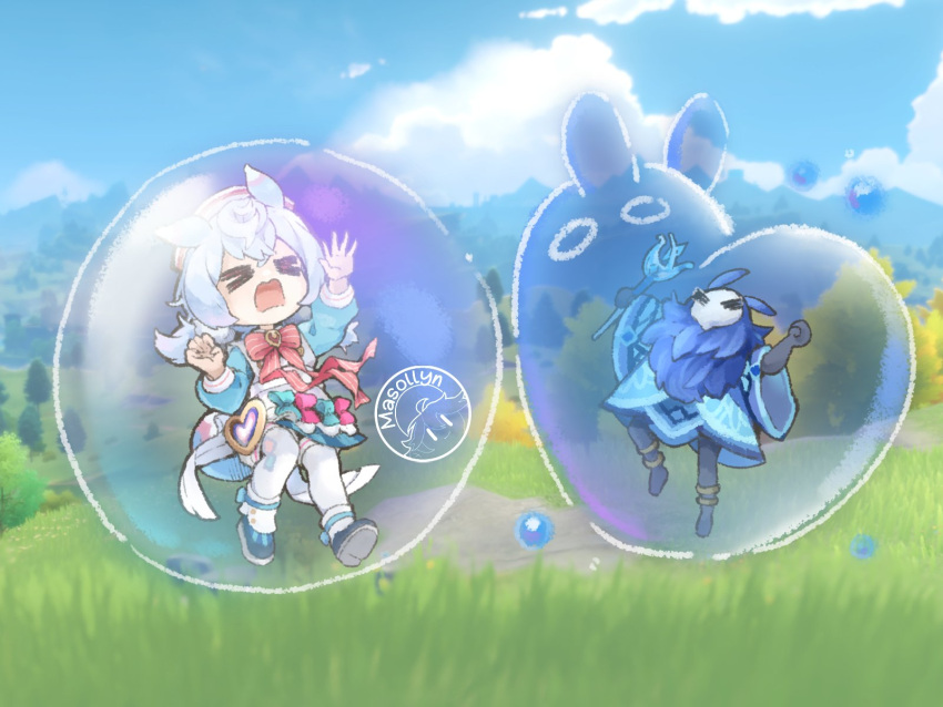 >_<, 1girl, abyss_mage_(genshin_impact), animal_ears, artist_logo, bow, bowtie, bubble