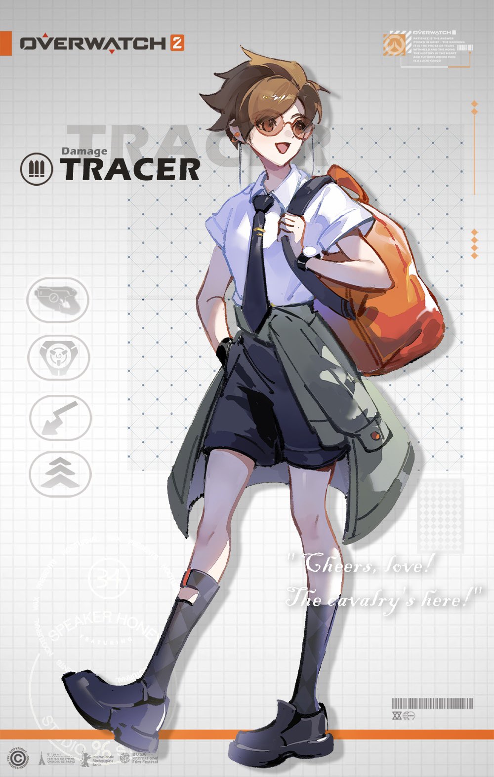 1girl, :d, alternate_costume, backpack, backpack_on_one_shoulder, bag, black_footwear, black_necktie
