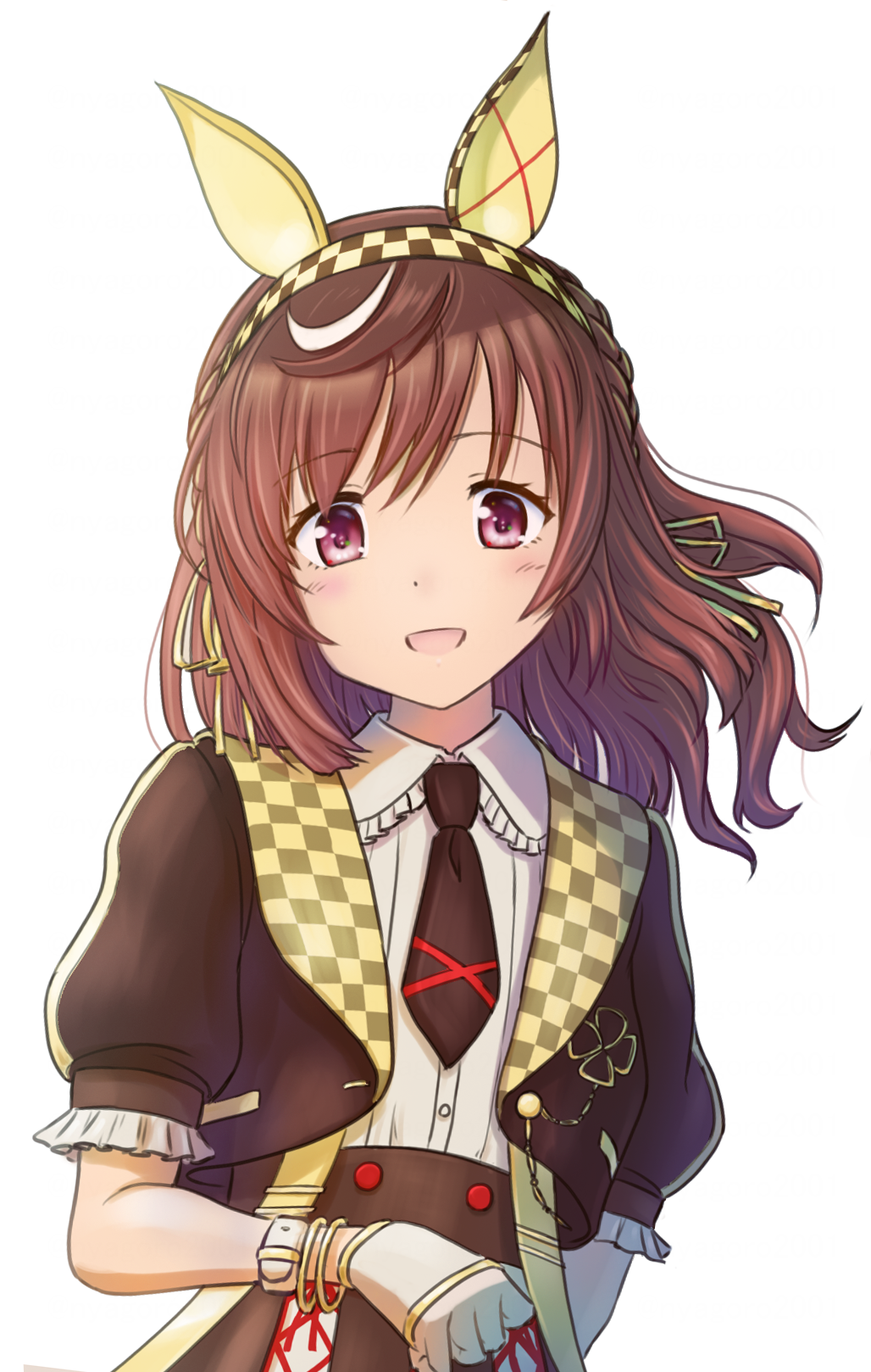 1girl, animal_ears, brown_hair, buena_vista_(umamusume), clenched_hand, commentary_request, hair_ornament, headband