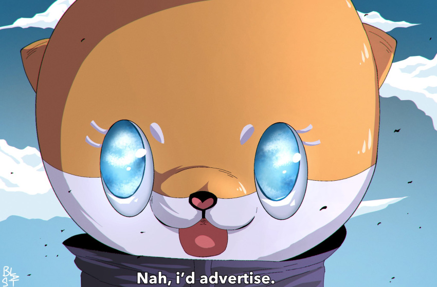 1other, :d, black_shirt, blue_eyes, blue_sky, chiitan, clouds, commentary