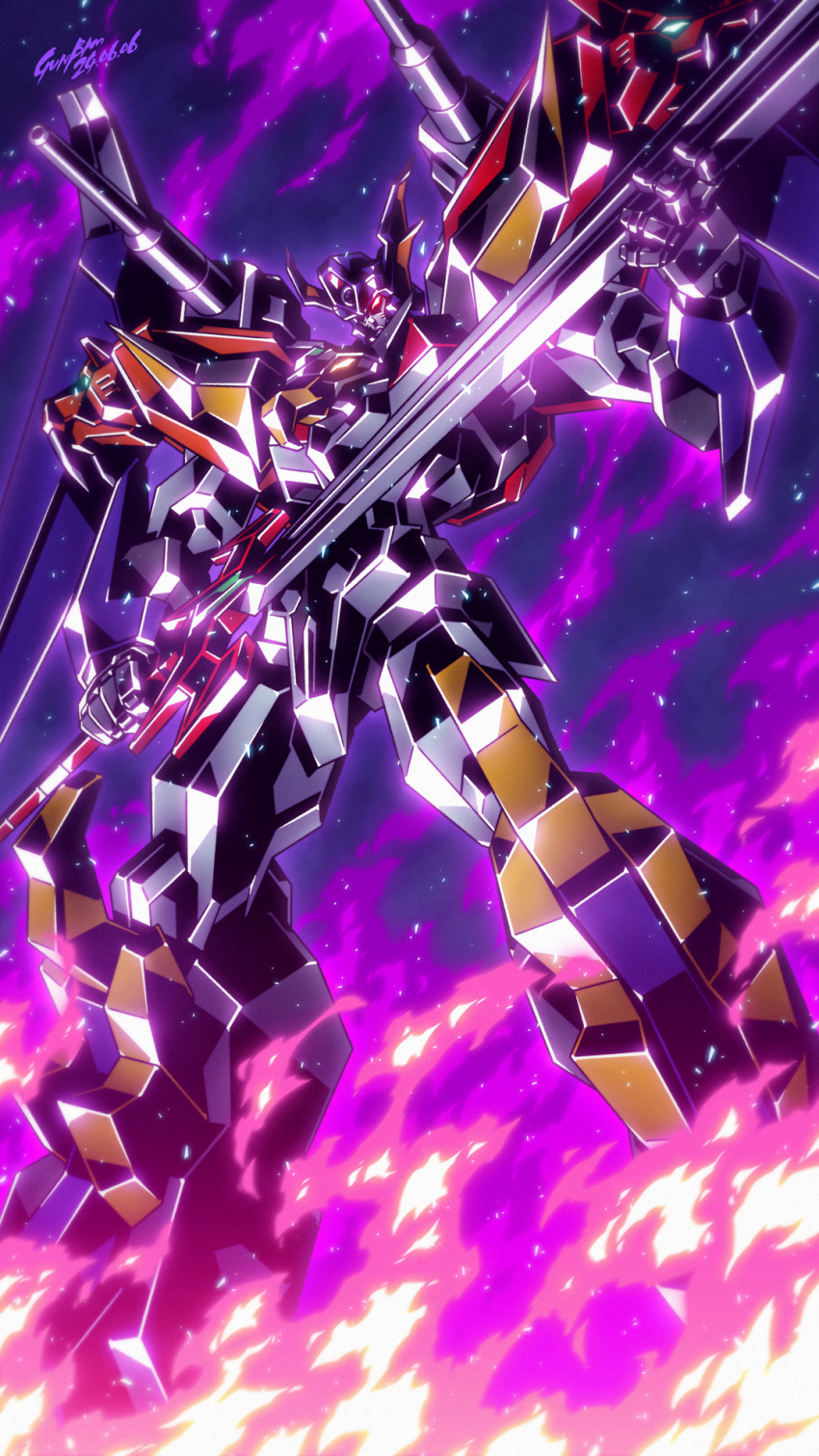 armor, babamba, burning, draias_(taiyou_no_yuusha_fighbird), energy_cannon, fire, full_armor, gattai