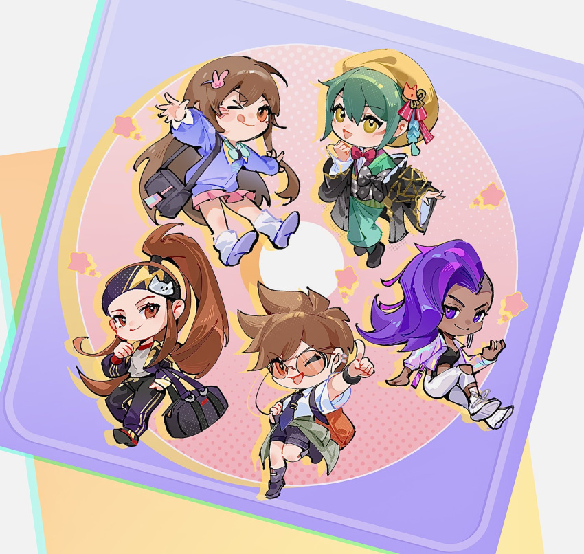 5girls, :d, ;d, ;p, alternate_costume, asymmetrical_hair, backpack, bag