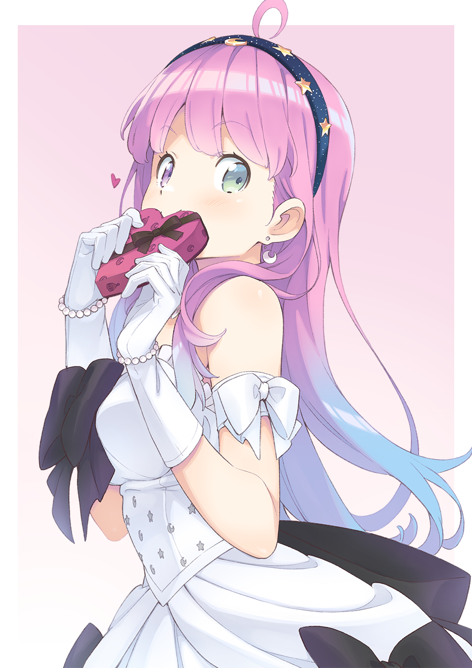 1girl, ahoge, bare_shoulders, black_bow, border, bow, box, bracelet, breasts, commentary_request, covered_mouth, crescent, crescent_earrings, dress, dress_bow, earrings, gloves, gradient_background, gradient_hair, green_eyes, hairband, heart, heart-shaped_box, heterochromia, highres, himemori_luna, himemori_luna_(4th_costume), holding, holding_box, hololive, jewelry, kanzaki_hiro, long_hair, looking_at_viewer, multicolored_hair, official_alternate_costume, outside_border, pearl_bracelet, pink_background, pink_hair, simple_background, small_breasts, solo, upper_body, violet_eyes, virtual_youtuber, white_border, white_dress, white_gloves