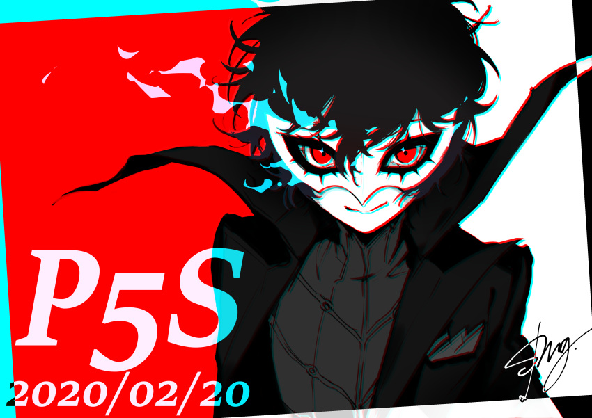 1boy, absurdres, amamiya_ren, black_coat, black_hair, chromatic_aberration, closed_mouth, coat