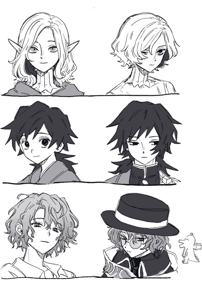 3boys, bags_under_eyes, bungou_stray_dogs, crossover, dual_persona, dungeon_meshi, elf, fedora