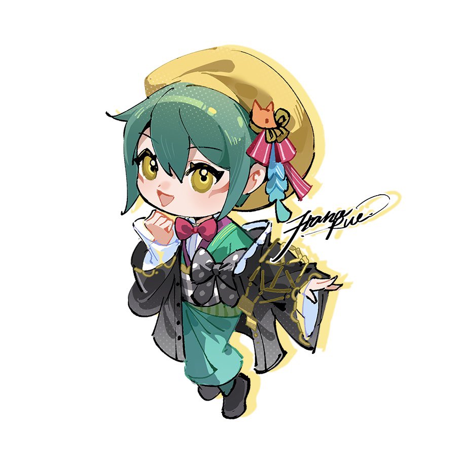 1girl, :d, alternate_costume, beret, black_footwear, black_haori, bow, bowtie