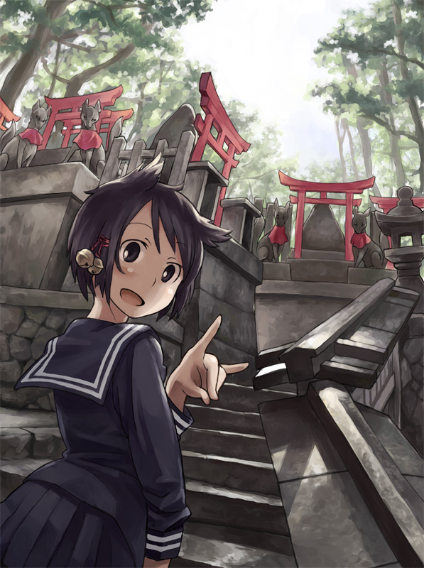 1girl, bell, black_eyes, black_hair, black_serafuku, commentary_request, day, duplicate