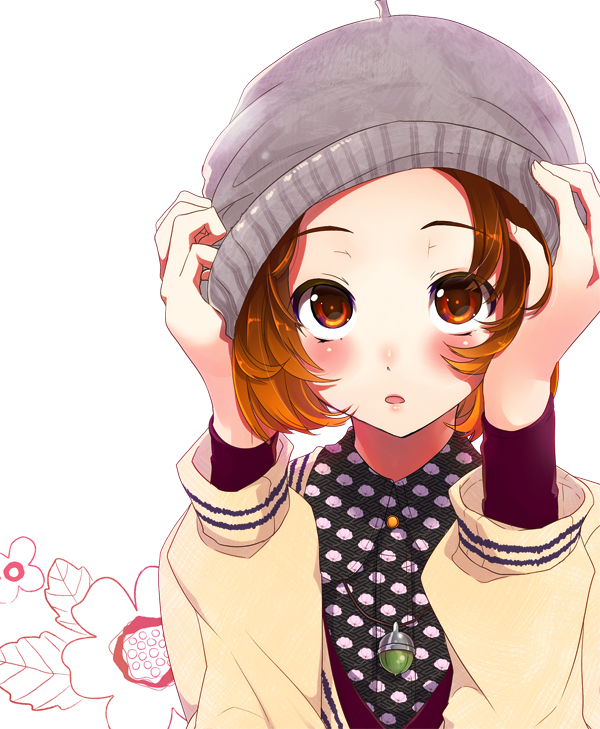 face, flower, forehead, hands, hat, hat_tug, jewelry, looking_up, necklace, original, pochi-goya, pochi_(pochi-goya), solo
