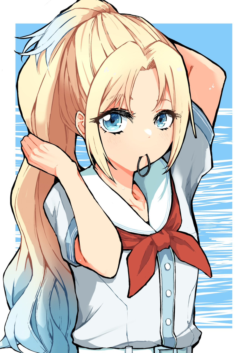 1girl, blonde_hair, blue_background, blue_eyes, blue_hair, border, collarbone, commentary