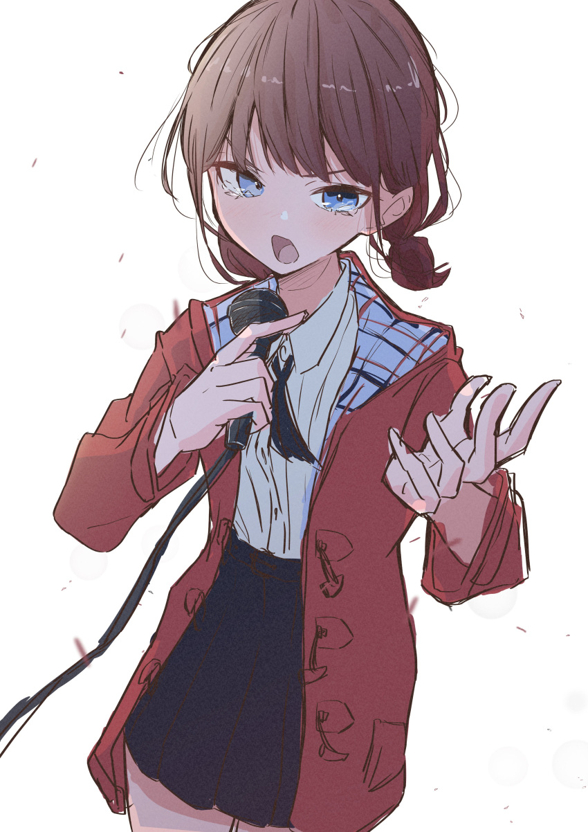 1girl, absurdres, aomoringo, black_ribbon, black_skirt, blue_eyes, brown_hair, coat