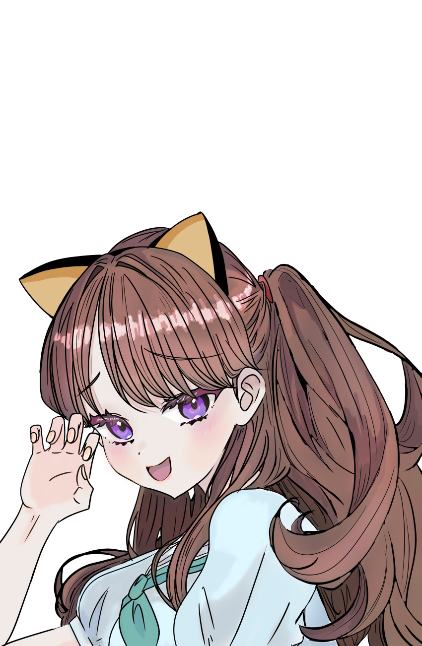 1girl, :d, absurdres, aqua_neckerchief, blue_dress, brown_hair, claw_pose, commentary_request
