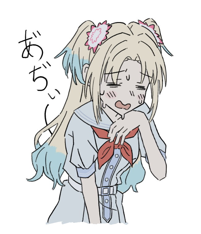1girl, =_=, blonde_hair, blue_hair, blush, closed_eyes, commentary, cowboy_shot