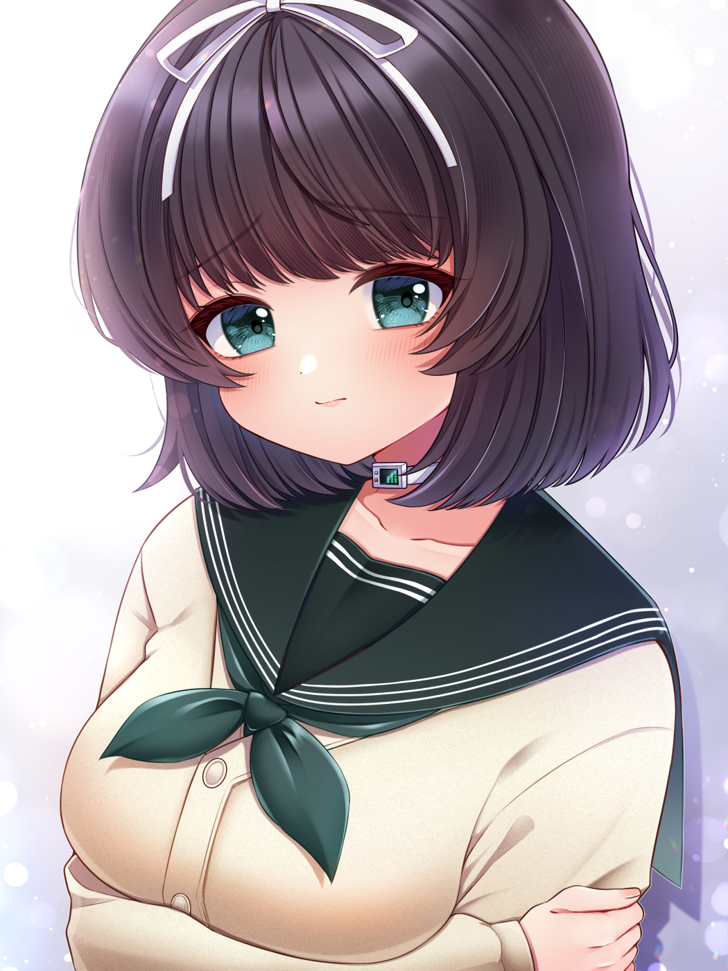 1girl, aqua_eyes, arm_under_breasts, black_hair, black_sailor_collar, blush, breasts, cardigan