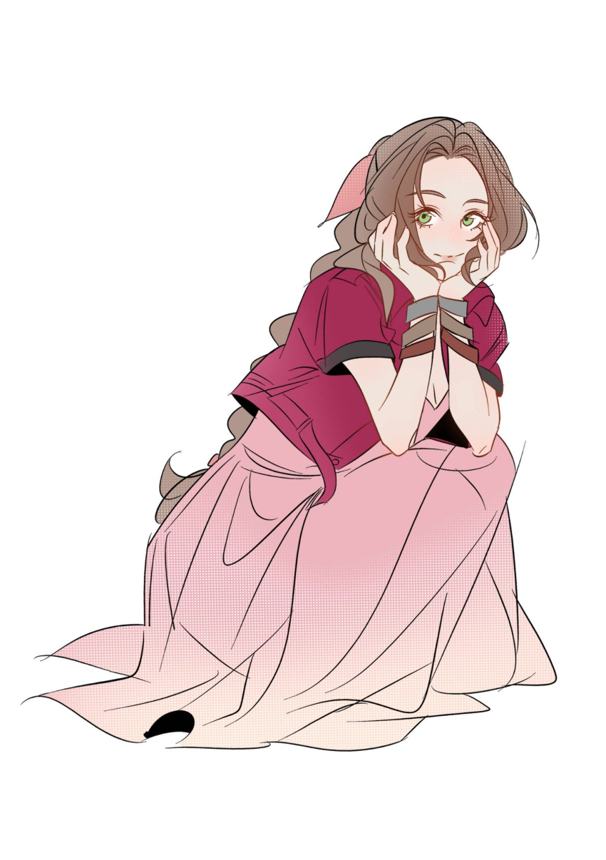 1girl, aerith_gainsborough, bangle, bracelet, braid, braided_ponytail, brown_hair, closed_mouth