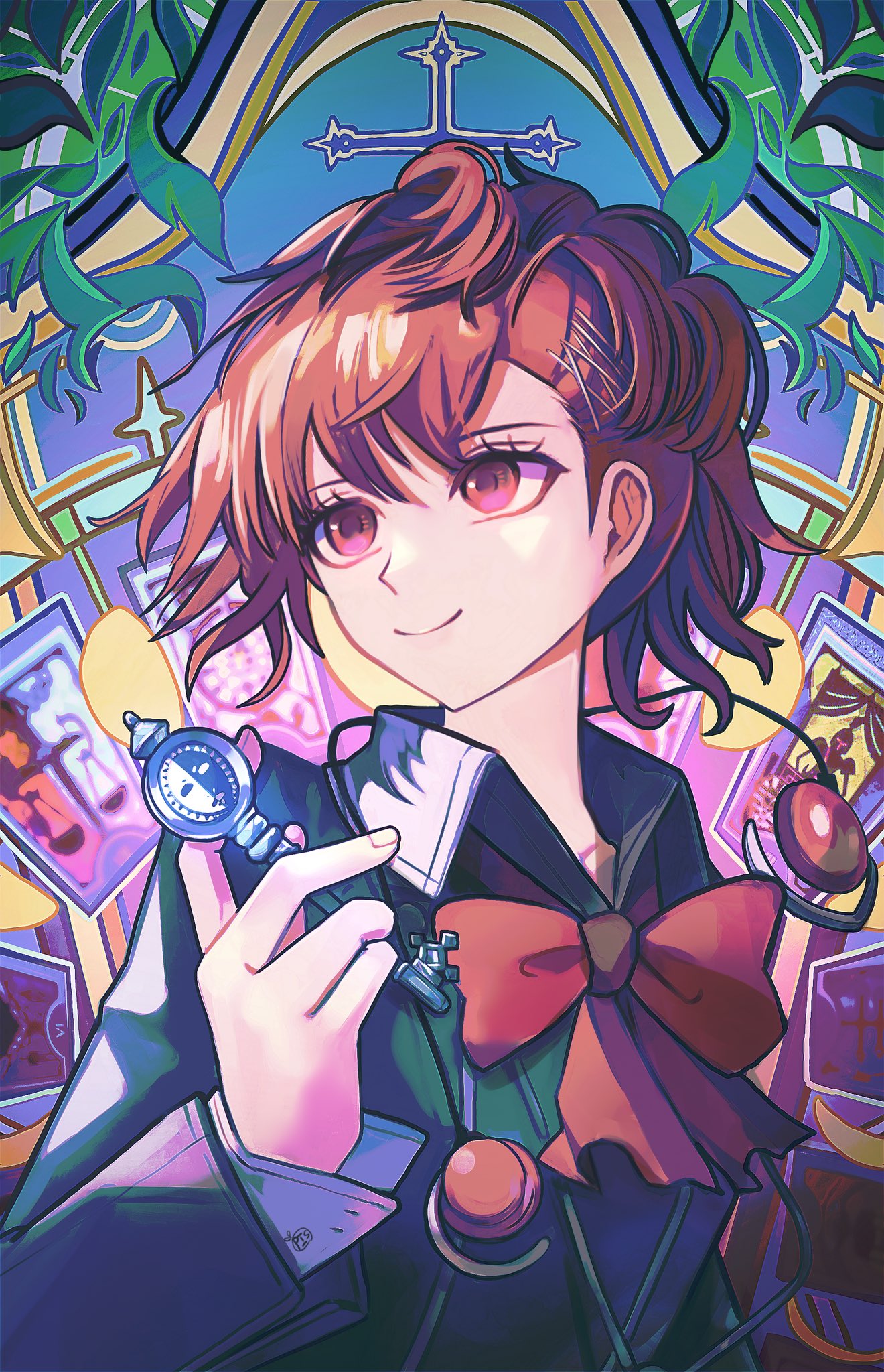 1girl, black_jacket, bow, bowtie, brown_hair, closed_mouth, collared_shirt, earphones