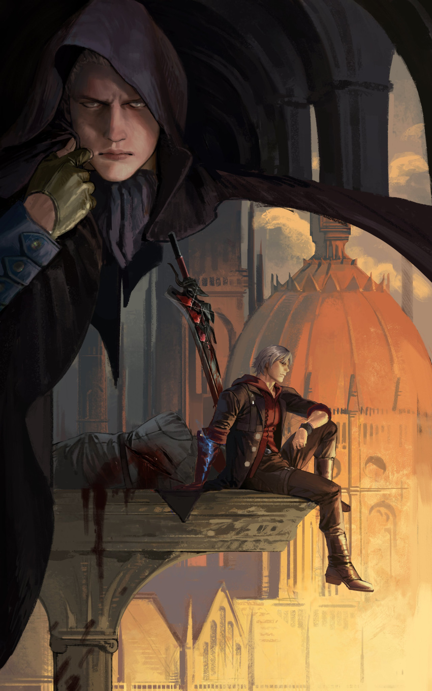 3boys, absurdres, black_cape, black_gloves, blue_eyes, cape, capelet, coat