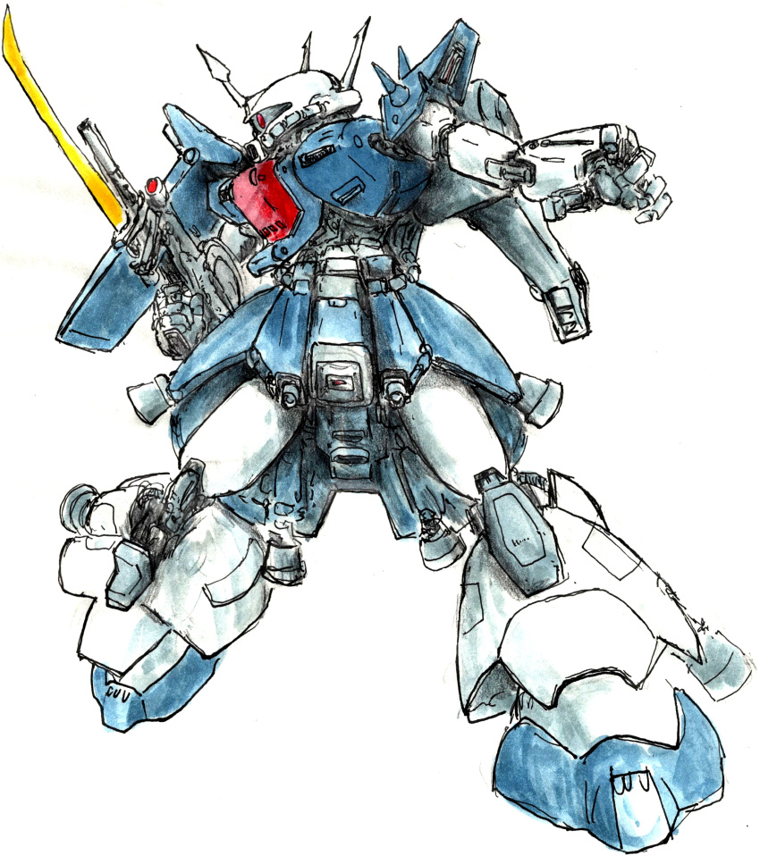 1980s_(style), absurdres, bayonet, beam_rifle, energy_gun, gundam, gundam_zz, highres, ink_(medium), iwamunetaka, mecha, mecha_focus, mobile_suit, neo_zeon, no_humans, one-eyed, rakan_dahkaran, retro_artstyle, robot, scan, science_fiction, sketch, solo, traditional_media, weapon, white_background, zaku, zaku_iii