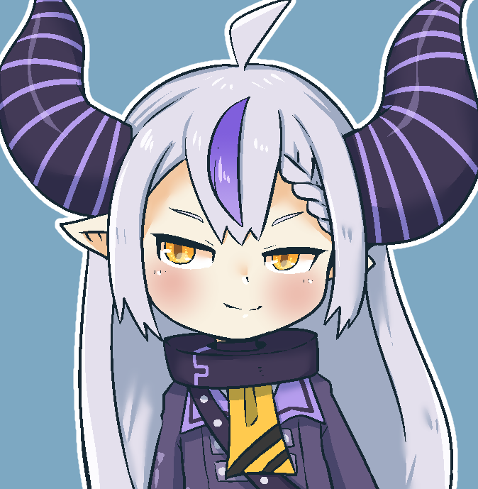 1girl, ahoge, ascot, blue_background, doneru, hololive, horns, jacket