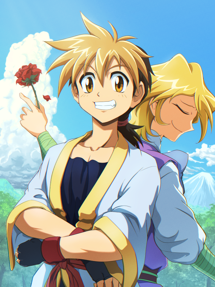 2boys, black_gloves, blonde_hair, brown_hair, clouds, collarbone, flower, gloves