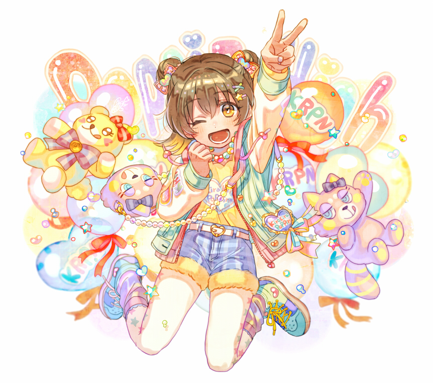 1girl, akagi_miria, animal_bag, arm_up, bag, balloon, belt, belt_buckle