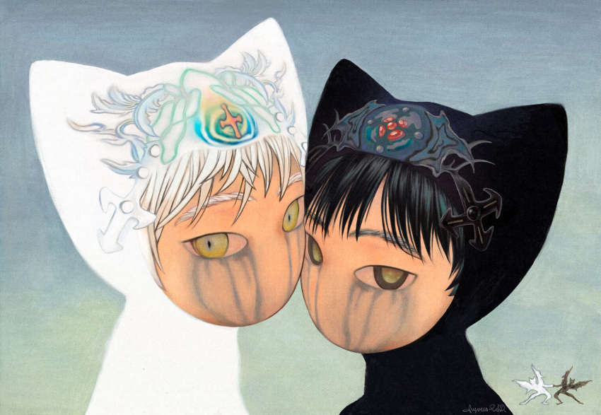 2others, absurdres, animal_hood, black_hair, black_hood, brown_eyes, glyvees, green_eyes, highres, hood, multiple_others, no_mouth, no_nose, original, upper_body, white_hair, white_hood