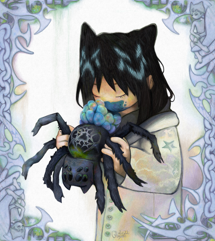 1girl, absurdres, animal, animal_ears, black_hair, border, bug, cat_ears