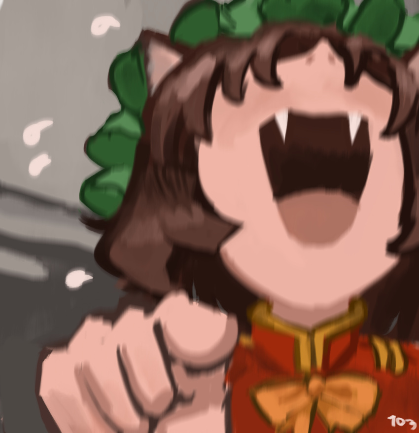 1girl, animal_ears, bow, bowtie, brown_hair, cat_ears, cat_girl, chen, commentary, danlamdae, fangs, hat, head_back, highres, laughing_cat_pointing_at_you_(meme), looking_at_viewer, meme, mob_cap, open_mouth, photo-referenced, pointing, pointing_at_viewer, red_vest, short_hair, smile, solo, touhou, upper_body, vest, yellow_bow, yellow_bowtie