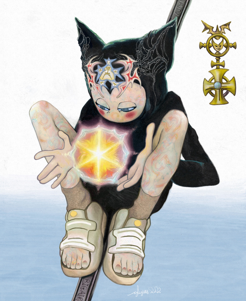 1other, absurdres, animal_hood, black_hood, black_shirt, black_shorts, blue_eyes, glyvees