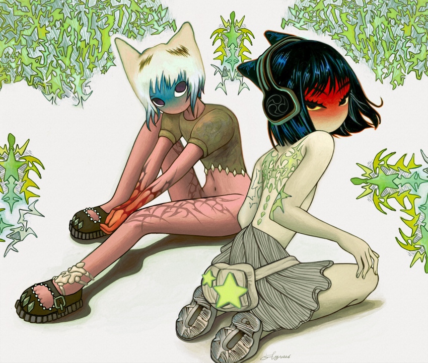 2girls, abstract_background, absurdres, animal_ears, arm_tattoo, back_tattoo, black_hair, bob_cut