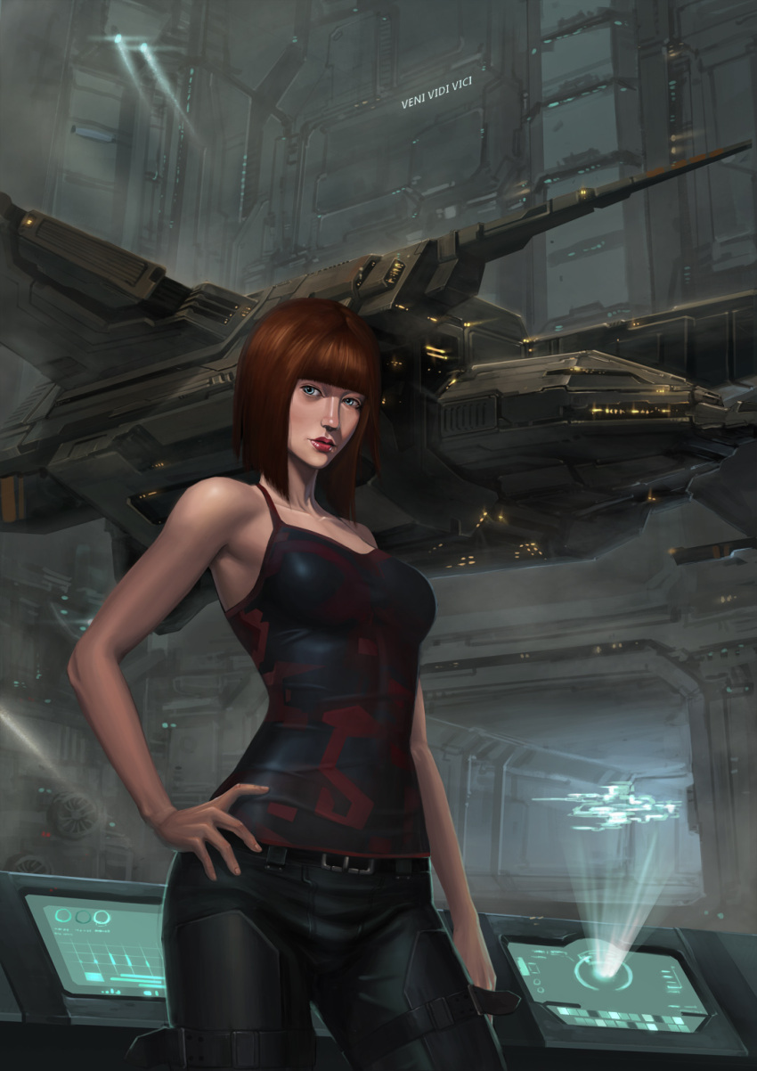 1girl, bare_arms, bare_shoulders, battleship_(eve_online), belt, black_belt, black_pants, black_tank_top