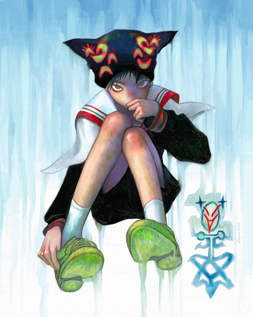 1other, absurdres, full_body, glyvees, green_eyes, green_footwear, green_hair, hat