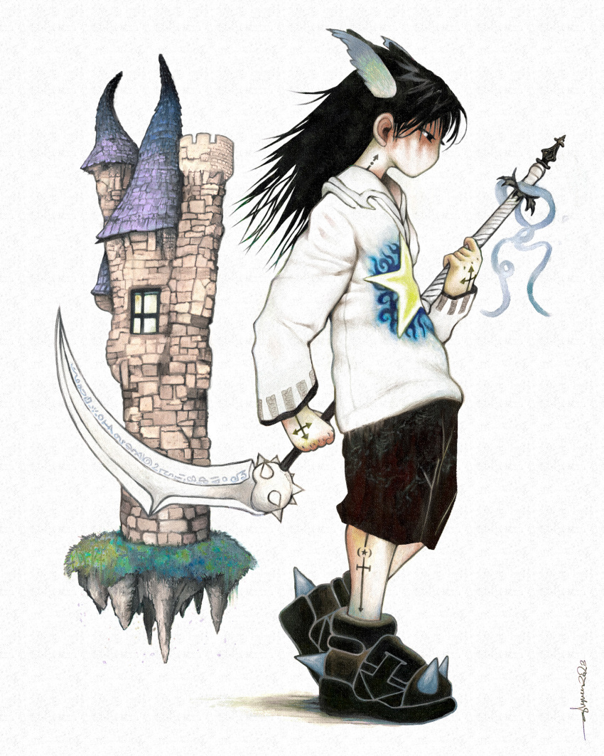 1girl, absurdres, black_eyes, black_footwear, black_hair, black_shorts, castle, floating_island