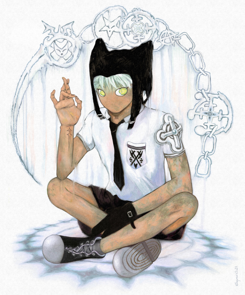 1boy, abstract_background, absurdres, animal_hat, asymmetrical_gloves, black_footwear, black_gloves, black_hat