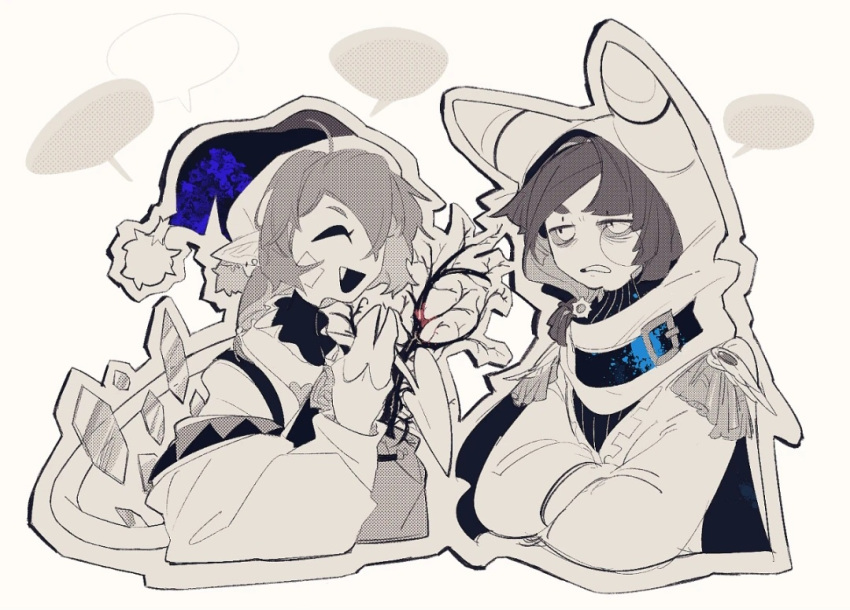 2boys, animal_ears, annoyed, belt, buckle, cape, claws, d2k, fang, holding, hood, humanization, kirby_(series), long_sleeves, magolor, male_focus, marx_(kirby), open_mouth, pom_pom_(clothes), short_hair, simple_background, speech_bubble, white_background