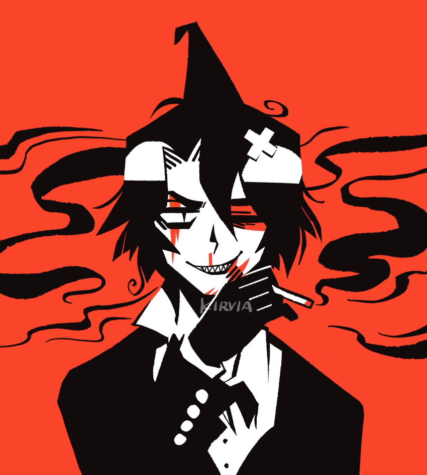 1boy, black_gloves, black_hair, black_jacket, blood, cigarette, collared_shirt, funamusea