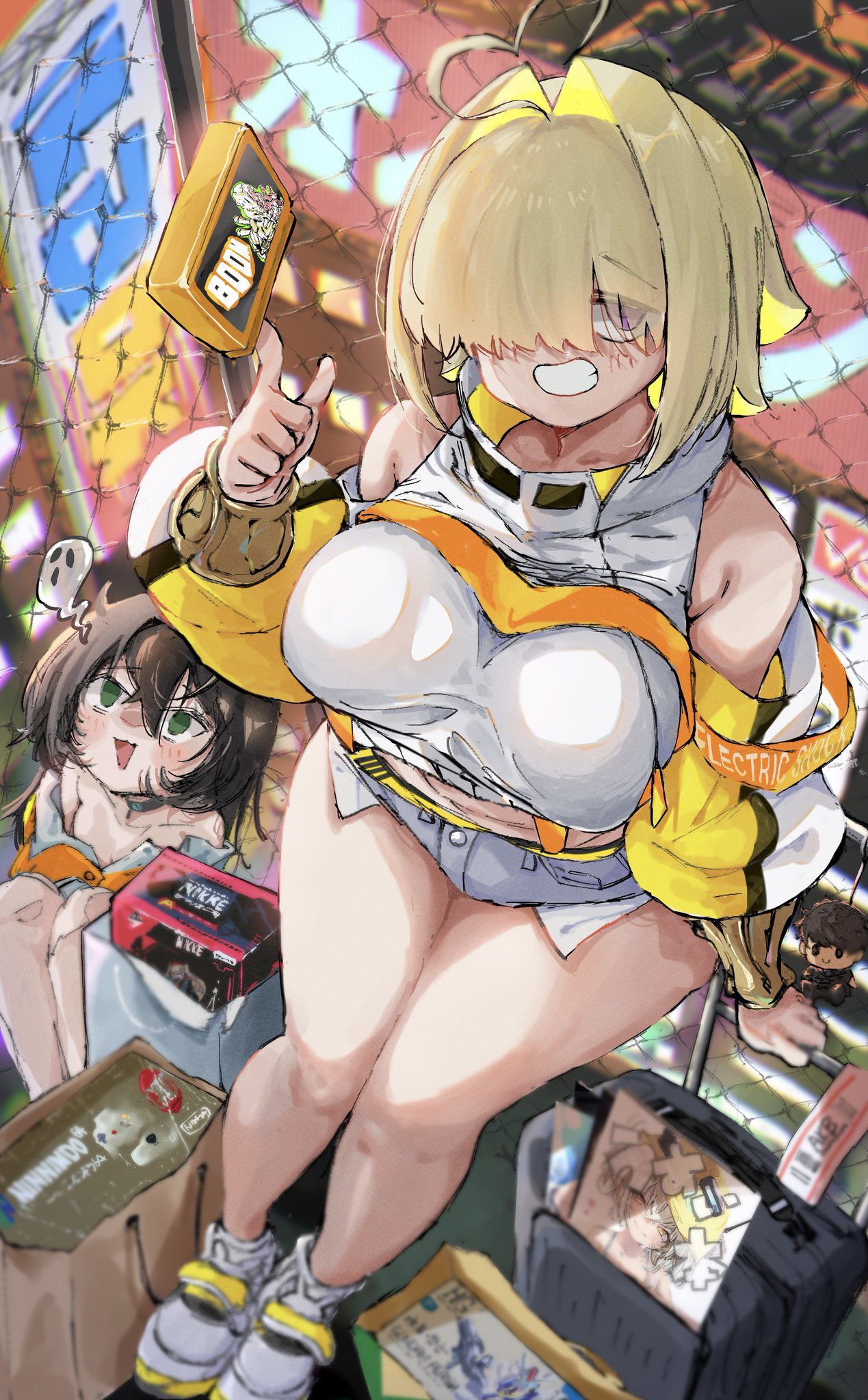 2girls, ahoge, black_hair, black_sports_bra, blonde_hair, blush, boomstick_(nikke), breasts, clothing_cutout, commander_(nikke), crop_top, crop_top_overhang, cropped_sweater, doom_(series), elegg_(nikke), exposed_pocket, famicom_cartridge, goddess_of_victory:_nikke, green_eyes, grey_shorts, hair_intakes, hair_over_eyes, helmet, highres, hii_(motorholic), jacket, large_breasts, liter_(nikke), long_hair, long_sleeves, micro_shorts, multicolored_hair, multiple_girls, navel, orange_jacket, plump, short_hair, shorts, shoulder_cutout, smile, sports_bra, suspender_shorts, suspenders, thighs, trony_(nikke), two-tone_hair, violet_eyes