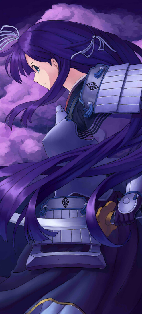 armor, armored_dress, bad_id, blue_eyes, blue_hair, hair_ribbon, katana, long_hair