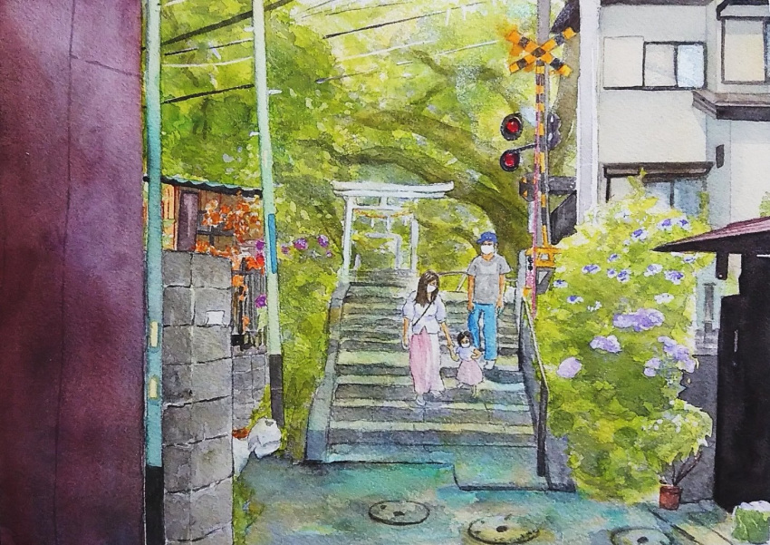 building, child, crosswalk_sign, flower, kamakura_(city), kanagawa, original, painting_(medium)